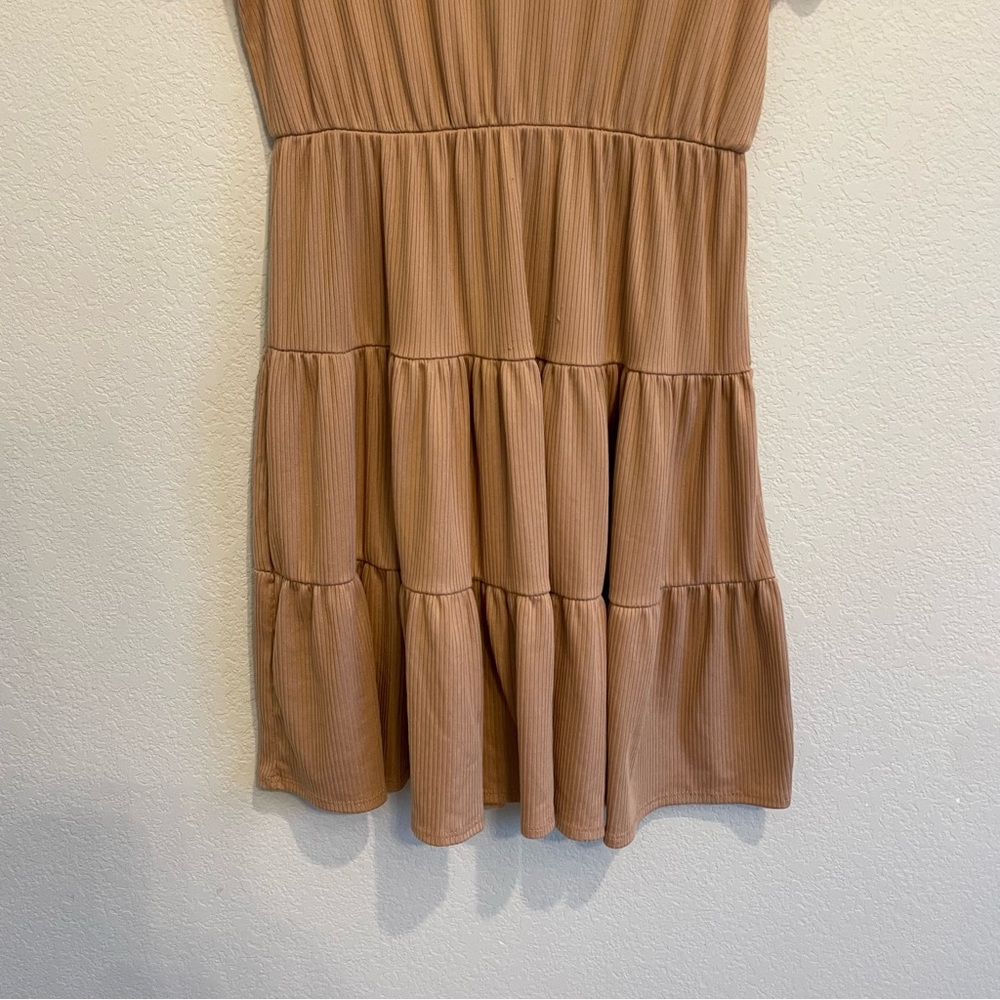 Olivia Rae Ribbed Tiered Mini Dress Large Tan Pink V-Neck Short Sleeve Casual - Picture 10 of 12